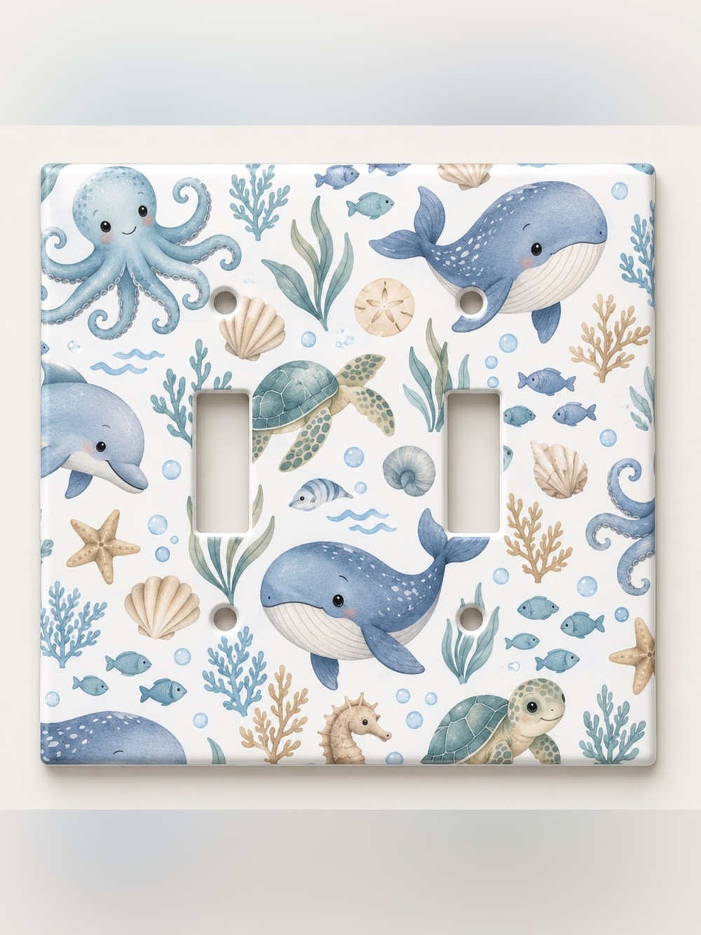 Baby Ocean Animals Double Light Switch Cover Whale Turtle Kids Nursery Coastal